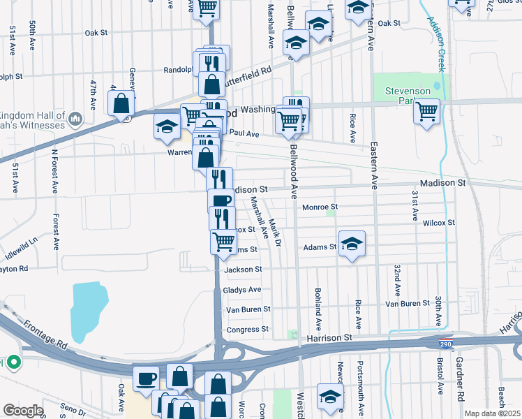 map of restaurants, bars, coffee shops, grocery stores, and more near 827 Marshall Avenue in Bellwood