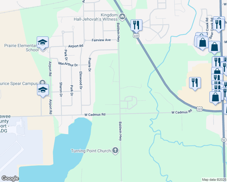 map of restaurants, bars, coffee shops, grocery stores, and more near 2761 Eunice Circle in Adrian