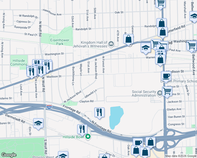 map of restaurants, bars, coffee shops, grocery stores, and more near 337 North Jackson Boulevard in Hillside