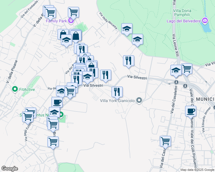 map of restaurants, bars, coffee shops, grocery stores, and more near 219 Via Silvestri in Roma