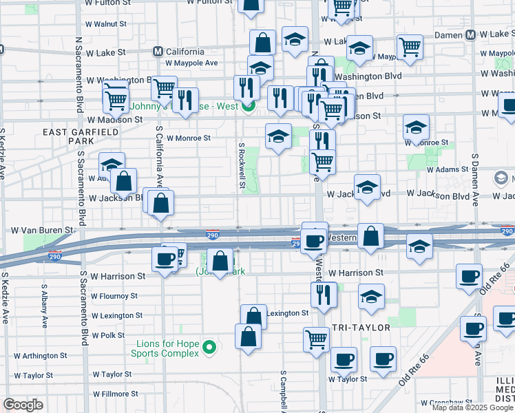 map of restaurants, bars, coffee shops, grocery stores, and more near 314 South Maplewood Avenue in Chicago
