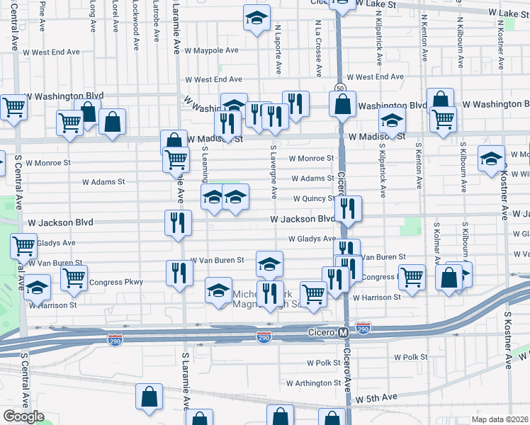 map of restaurants, bars, coffee shops, grocery stores, and more near 5012 West Jackson Boulevard in Chicago