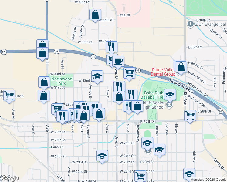 map of restaurants, bars, coffee shops, grocery stores, and more near 3010 Avenue B in Scottsbluff
