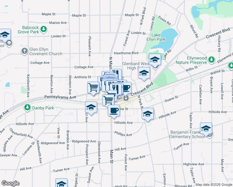 map of restaurants, bars, coffee shops, grocery stores, and more near 481 North Main Street in Glen Ellyn