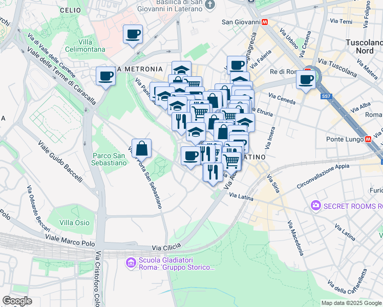 map of restaurants, bars, coffee shops, grocery stores, and more near 19 Via Lusitania in Roma