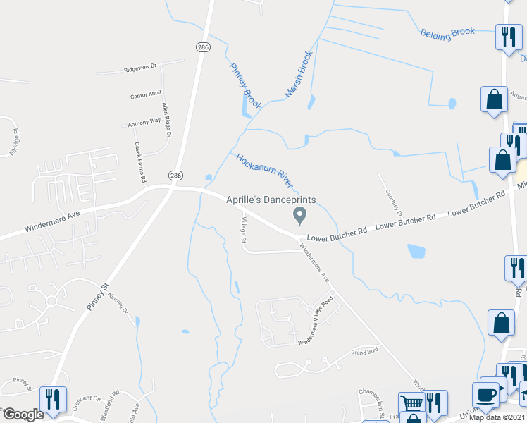 map of restaurants, bars, coffee shops, grocery stores, and more near 124 Windermere Avenue in Ellington