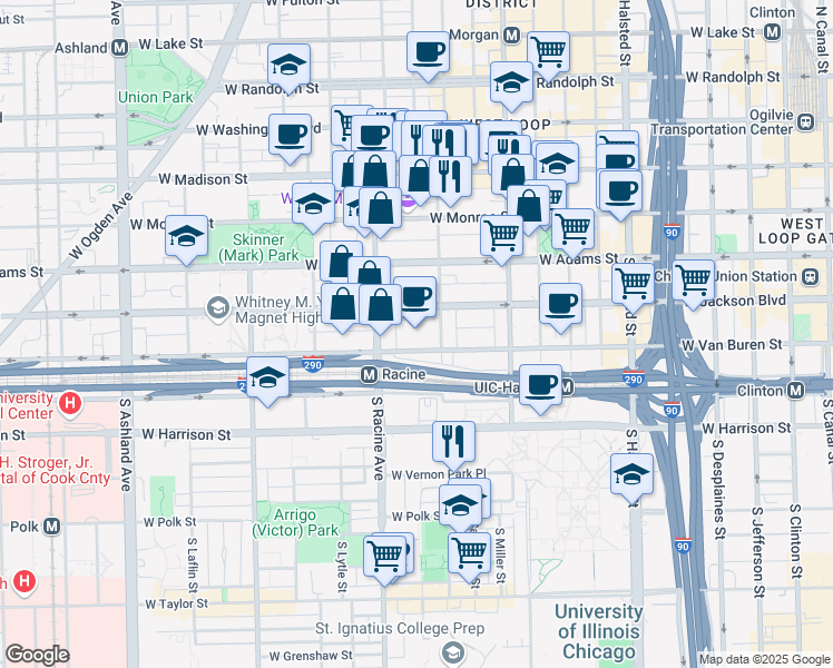 map of restaurants, bars, coffee shops, grocery stores, and more near 1101 West Jackson Boulevard in Chicago