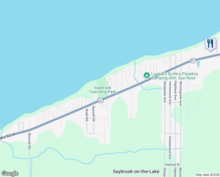 map of restaurants, bars, coffee shops, grocery stores, and more near 5941 Lake Road West in Ashtabula