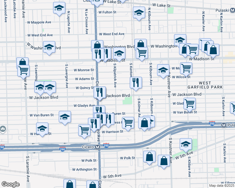 map of restaurants, bars, coffee shops, grocery stores, and more near 4652 West Jackson Boulevard in Chicago