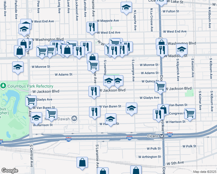 map of restaurants, bars, coffee shops, grocery stores, and more near 5088 West Jackson Boulevard in Chicago