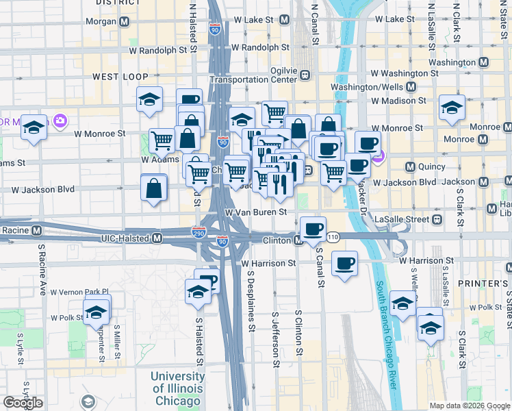 map of restaurants, bars, coffee shops, grocery stores, and more near 333 South Desplaines Street in Chicago
