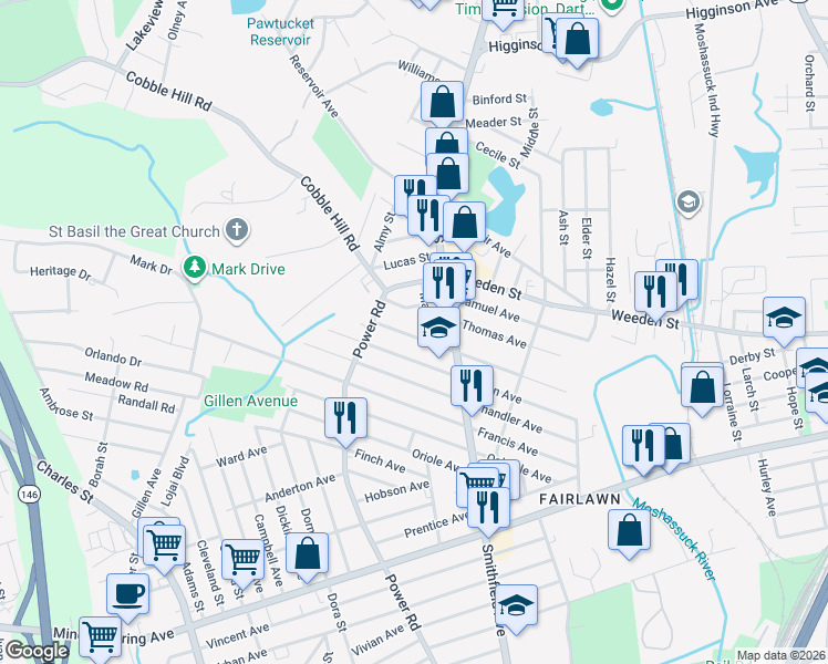 map of restaurants, bars, coffee shops, grocery stores, and more near 205 Morris Avenue in Pawtucket