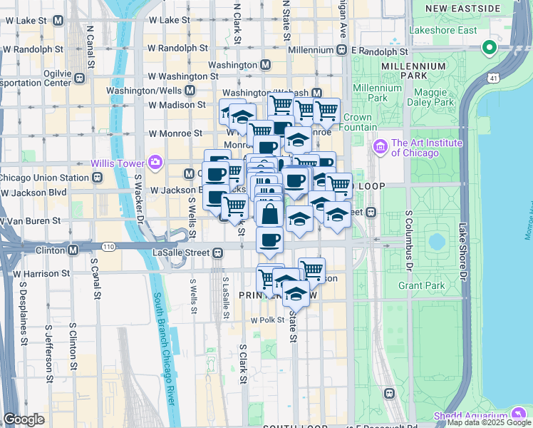 map of restaurants, bars, coffee shops, grocery stores, and more near 399 South Dearborn Street in Chicago