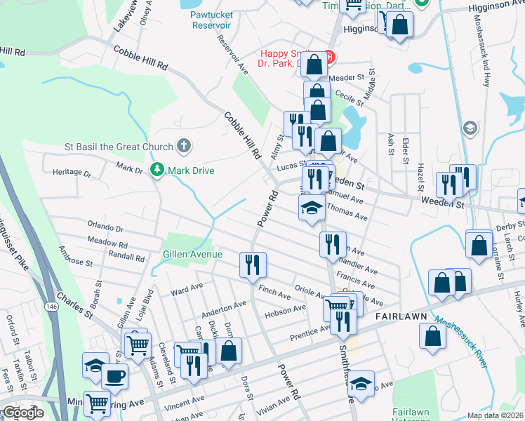 map of restaurants, bars, coffee shops, grocery stores, and more near 543 Power Road in Pawtucket