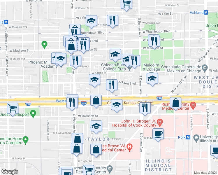 map of restaurants, bars, coffee shops, grocery stores, and more near 317 South Leavitt Street in Chicago