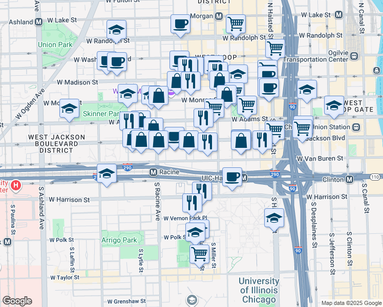 map of restaurants, bars, coffee shops, grocery stores, and more near 325 South Aberdeen Street in Chicago