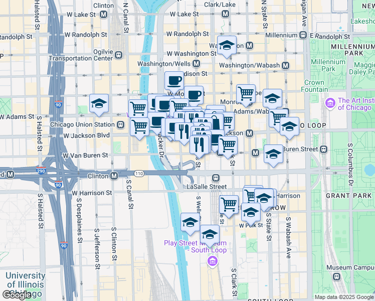 map of restaurants, bars, coffee shops, grocery stores, and more near 218 West Van Buren Street in Chicago