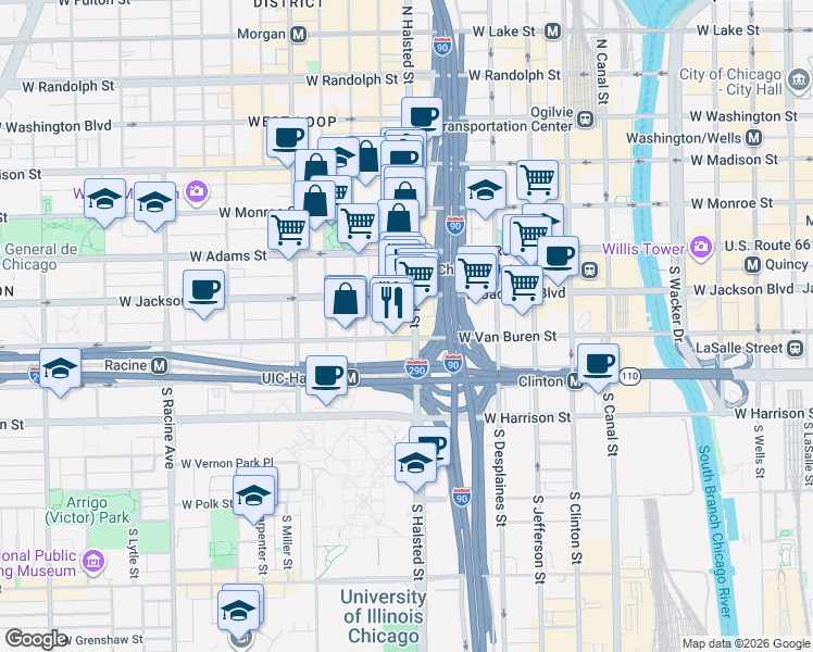map of restaurants, bars, coffee shops, grocery stores, and more near 808 West Van Buren Street in Chicago