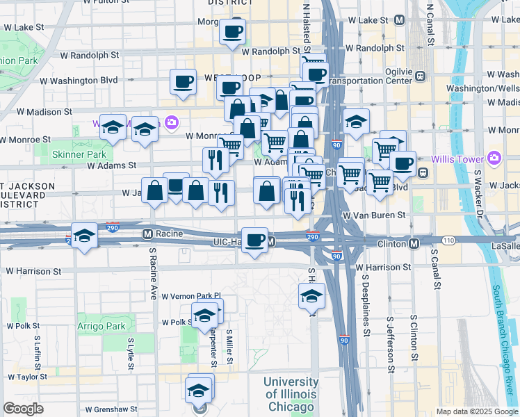 map of restaurants, bars, coffee shops, grocery stores, and more near 947 West Van Buren Street in Chicago