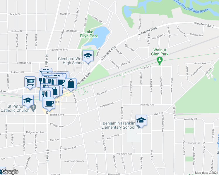 map of restaurants, bars, coffee shops, grocery stores, and more near 702 Duane Street in Glen Ellyn