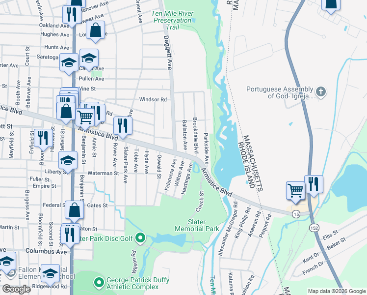 map of restaurants, bars, coffee shops, grocery stores, and more near 22 Ballston Ave in Pawtucket