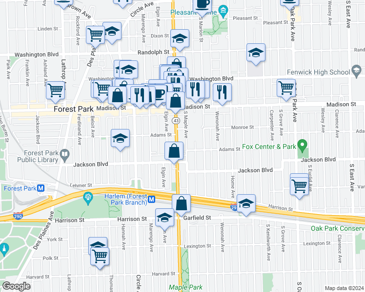 map of restaurants, bars, coffee shops, grocery stores, and more near 631 South Maple Avenue in Oak Park