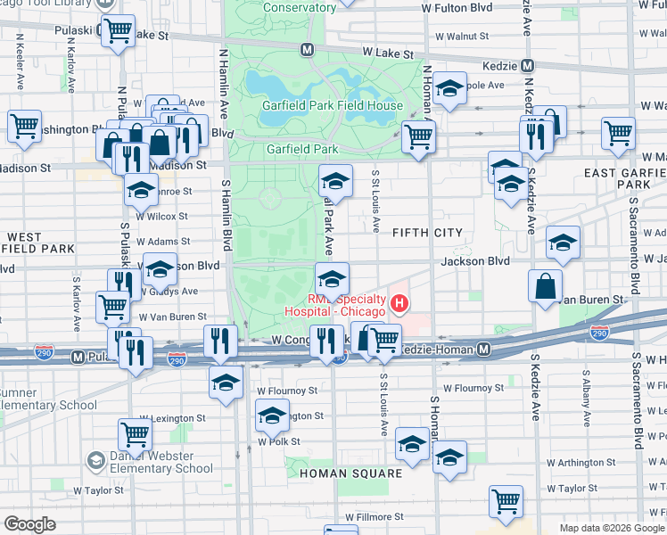 map of restaurants, bars, coffee shops, grocery stores, and more near 3553 West Jackson Boulevard in Chicago