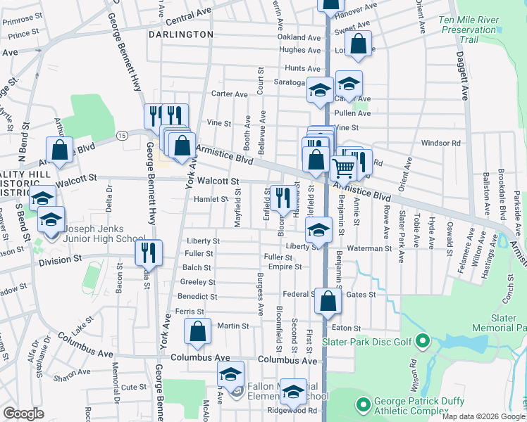map of restaurants, bars, coffee shops, grocery stores, and more near 89 Enfield St in Pawtucket