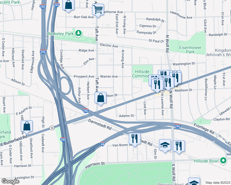 map of restaurants, bars, coffee shops, grocery stores, and more near 5112 Madison Street in Hillside