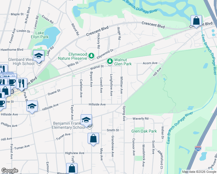 map of restaurants, bars, coffee shops, grocery stores, and more near 476 Longfellow Avenue in Glen Ellyn