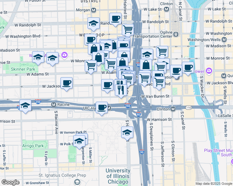 map of restaurants, bars, coffee shops, grocery stores, and more near 319 South Green Street in Chicago