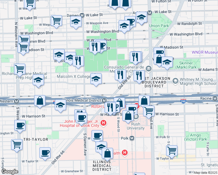 map of restaurants, bars, coffee shops, grocery stores, and more near 1801 West Jackson Boulevard in Chicago