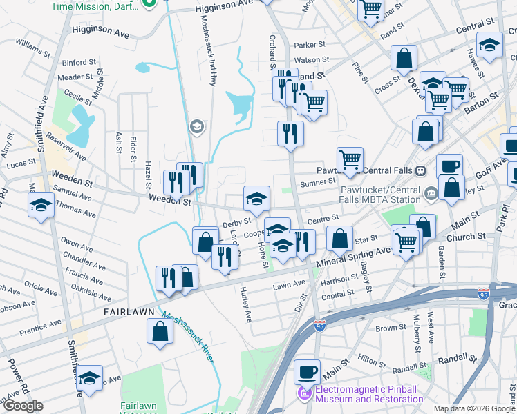 map of restaurants, bars, coffee shops, grocery stores, and more near in Pawtucket