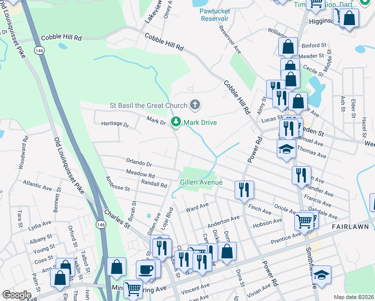 map of restaurants, bars, coffee shops, grocery stores, and more near 257 Francis Avenue in North Providence