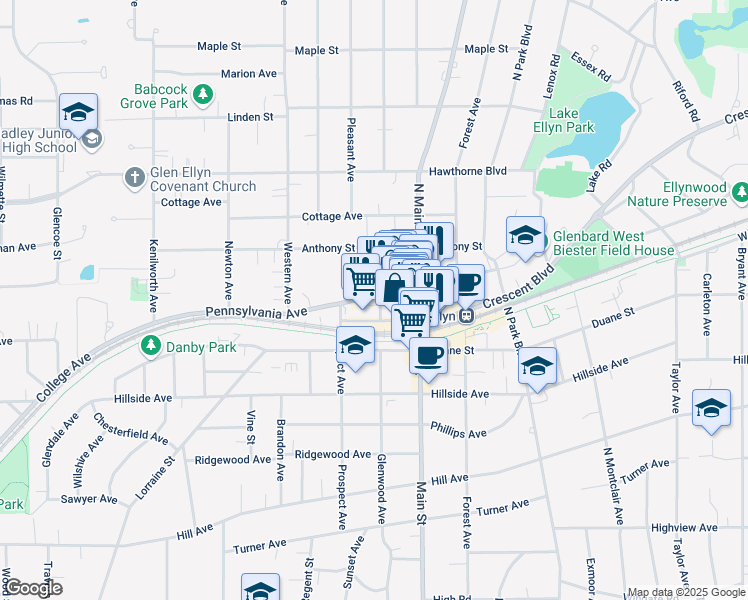 map of restaurants, bars, coffee shops, grocery stores, and more near 497 Pennsylvania Avenue in Glen Ellyn