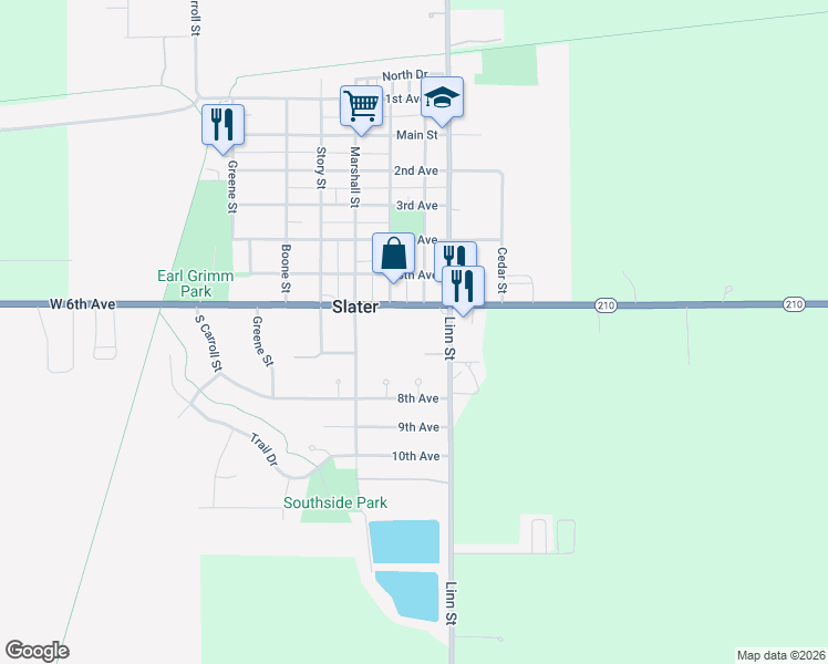 map of restaurants, bars, coffee shops, grocery stores, and more near 200 6th Ave in Slater