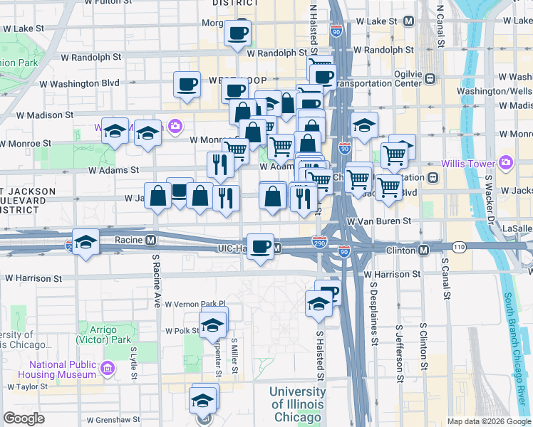 map of restaurants, bars, coffee shops, grocery stores, and more near 321 South Sangamon Street in Chicago