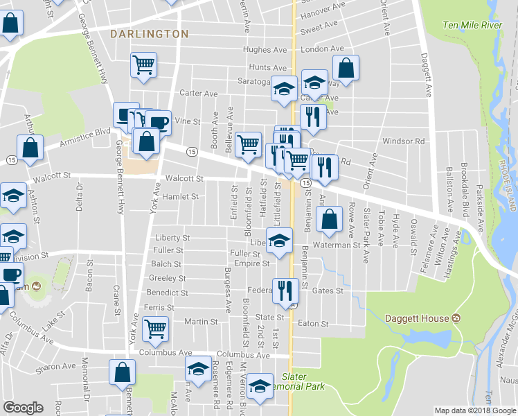 map of restaurants, bars, coffee shops, grocery stores, and more near 155 Hatfield Street in Pawtucket