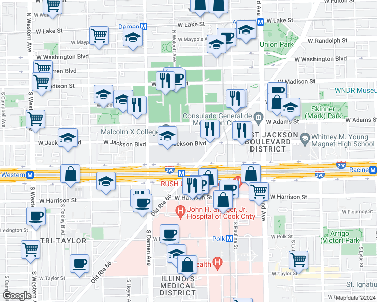 map of restaurants, bars, coffee shops, grocery stores, and more near 1801 West Jackson Boulevard in Chicago