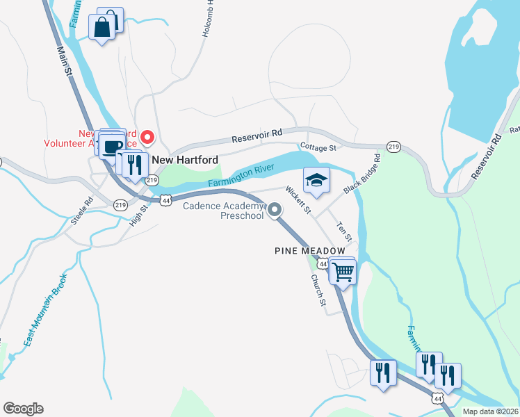 map of restaurants, bars, coffee shops, grocery stores, and more near 437 Main Street in New Hartford
