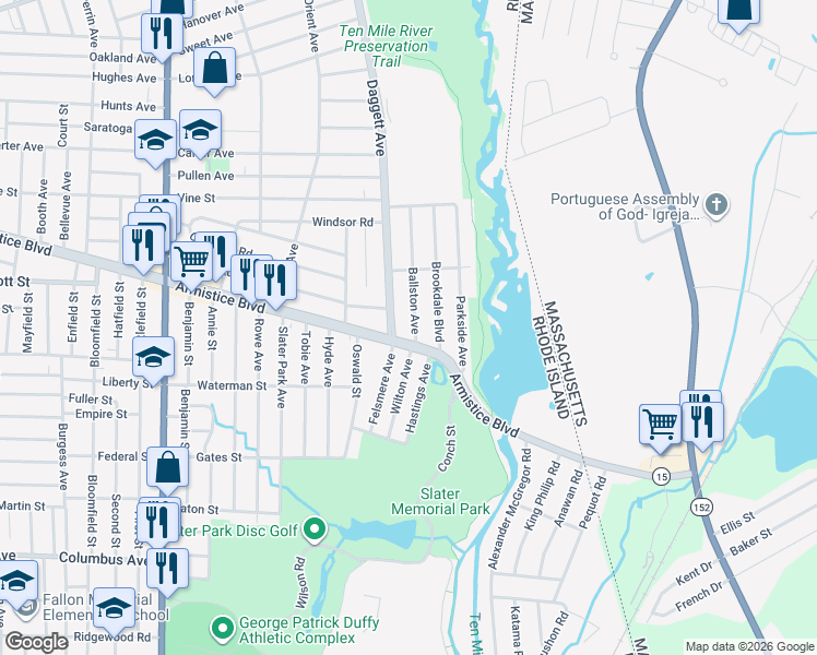 map of restaurants, bars, coffee shops, grocery stores, and more near 22 Ballston Avenue in Pawtucket