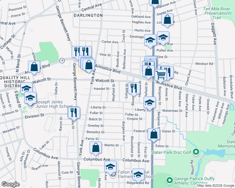 map of restaurants, bars, coffee shops, grocery stores, and more near 34 Mayfield Street in Pawtucket