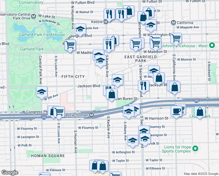 map of restaurants, bars, coffee shops, grocery stores, and more near 3155 West Jackson Boulevard in Chicago