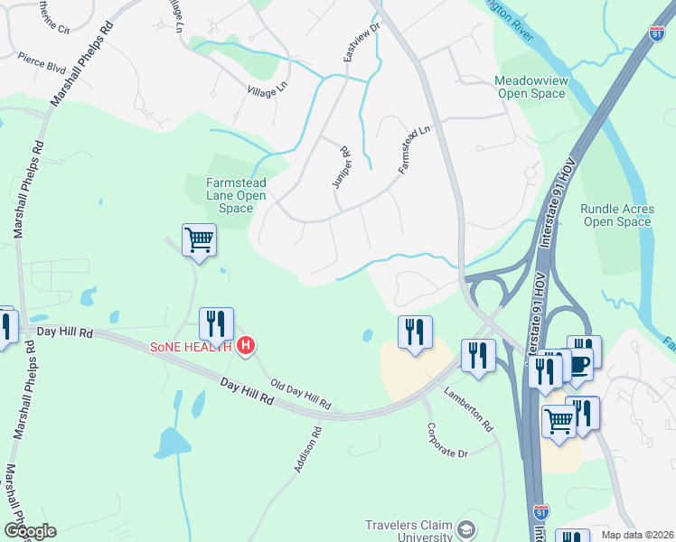 map of restaurants, bars, coffee shops, grocery stores, and more near 38 Crabapple Road in Windsor
