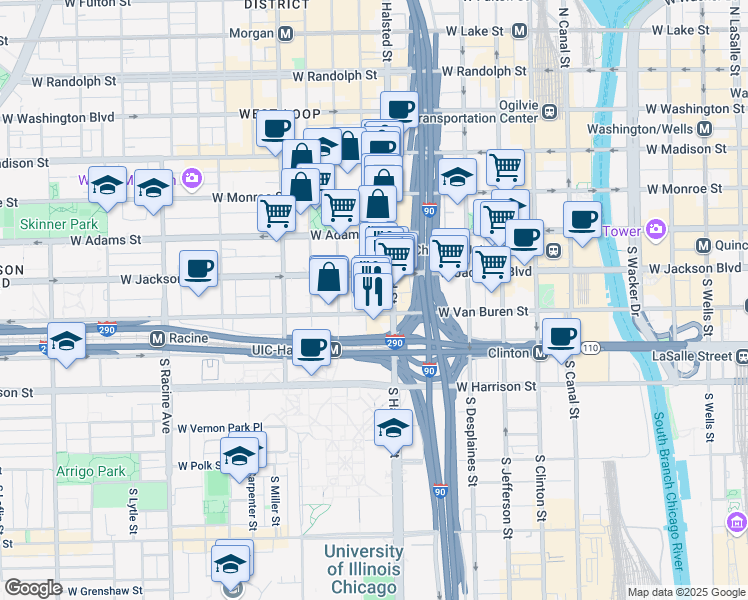 map of restaurants, bars, coffee shops, grocery stores, and more near 319 South Green Street in Chicago