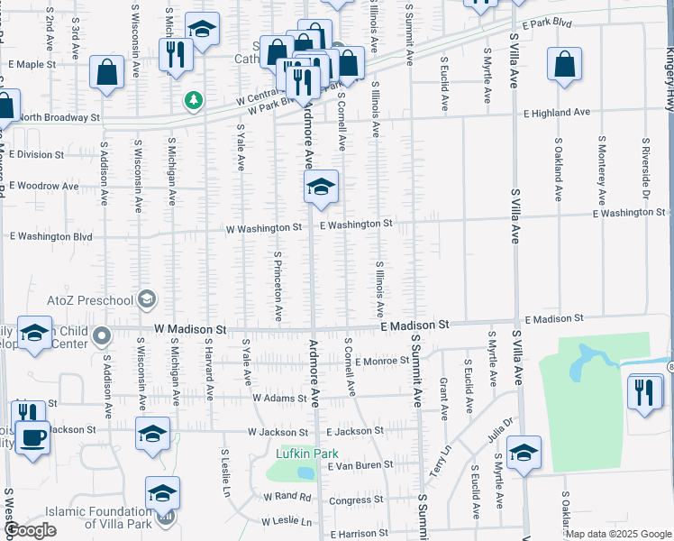 map of restaurants, bars, coffee shops, grocery stores, and more near in Villa Park