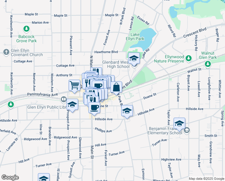 map of restaurants, bars, coffee shops, grocery stores, and more near 582 Crescent Boulevard in Glen Ellyn