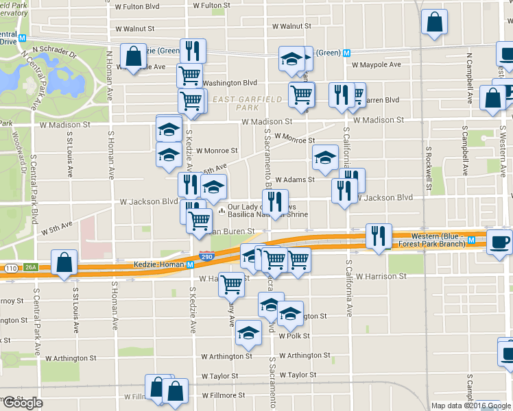 map of restaurants, bars, coffee shops, grocery stores, and more near 3019 West Jackson Boulevard in Chicago