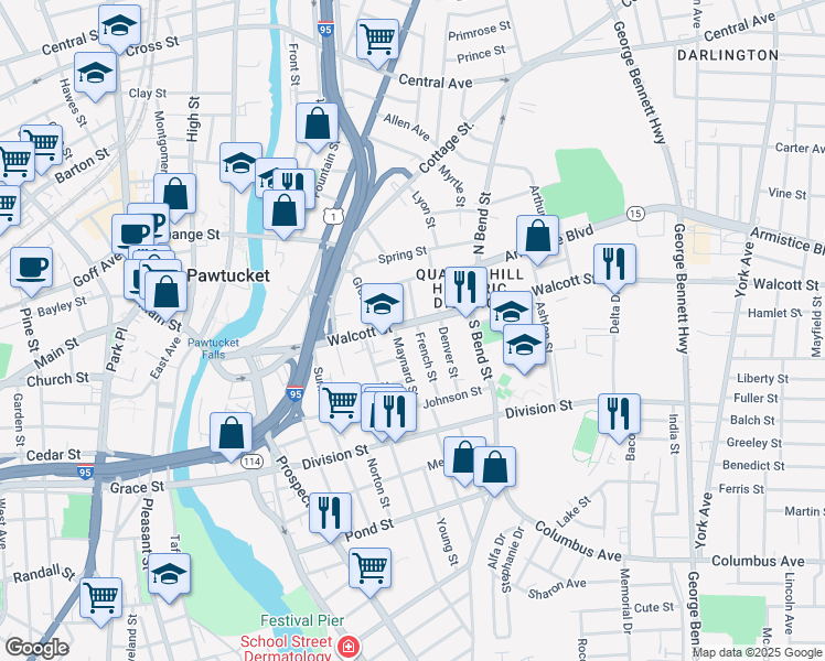 map of restaurants, bars, coffee shops, grocery stores, and more near 41 Maynard Street in Pawtucket