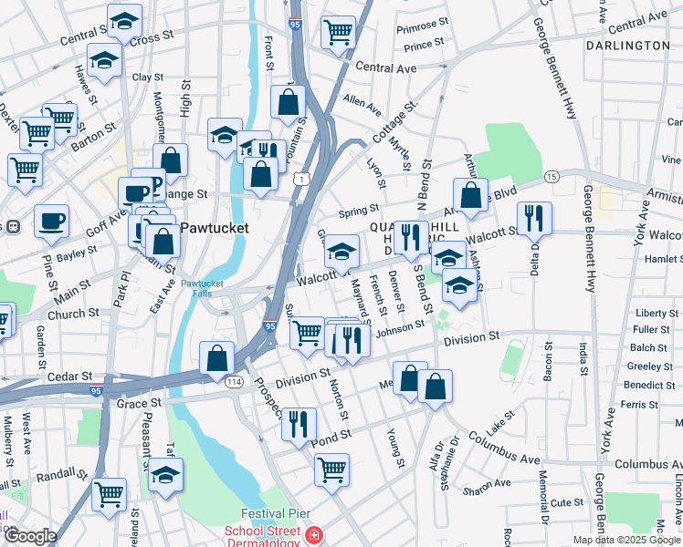 map of restaurants, bars, coffee shops, grocery stores, and more near 41 Maynard Street in Pawtucket